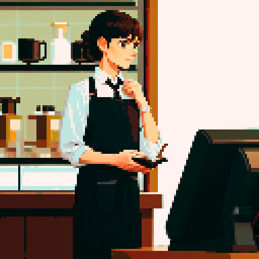 A male hitman dressed in unassuming fashionable clothing standing in a quiet coffee shop observing a day-dreaming female barista who is leaning over the counter and reading an erotic novel