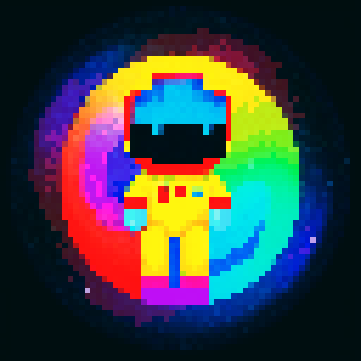 space traveler in vibrant pixel art spacesuit against a backdrop of swirling galaxies in vivid sRGB colors