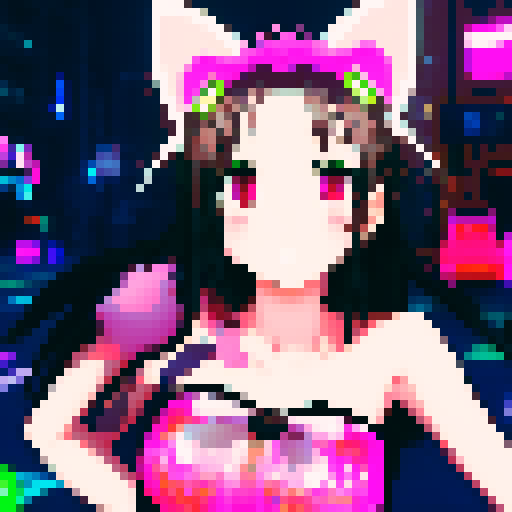 "Pixelated anime girl with fluffy cat ears, surrounded by neon lights and vibrant colors, striking a playful pose with a mischievous glint in her eyes."