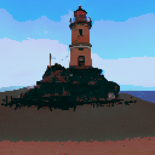 Lighthouse standing tall, surrounded by crashing waves, against a vibrant sunset sky, in a landscape portrait style