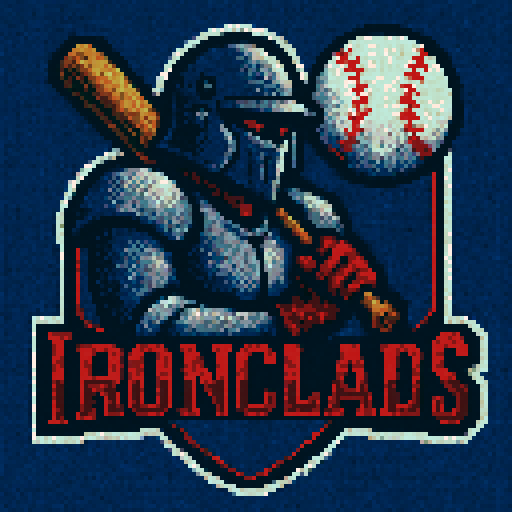 Pixel art of a fictional baseball team called the Ironclads. Dark blue, red and gray, sharp outlines, and soft pixel shading. The logo design mimics 80s MLB logos. Use a vibrant Sega Genesis 16-bit style with selective dithering, geometric forms, and nostalgic retro charm. Avoid modern gradients—keep it pure pixel art.