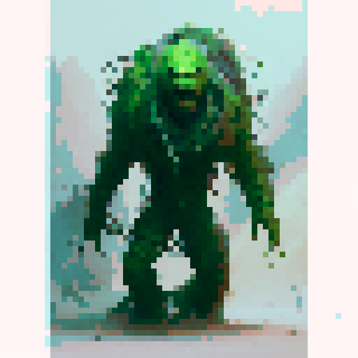 swamp monster made of moss and vines with twigs sticking out, and a dark face with red eyes