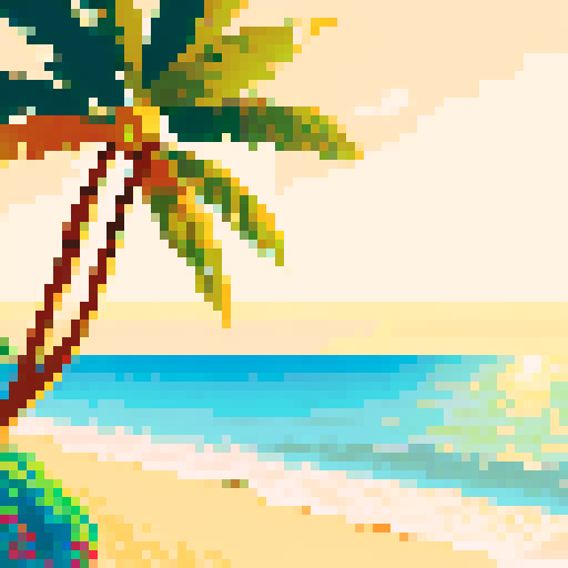 Warm, golden hues reflecting off the calm ocean surface, sandy beach with pixelated palm trees, waves gently crashing in the distance