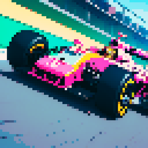 Formula 1 driver, vibrant colors, dynamic lines, pixelated car, race track, high-speed motion, retro aesthetic, sRGB palette, pixel art style