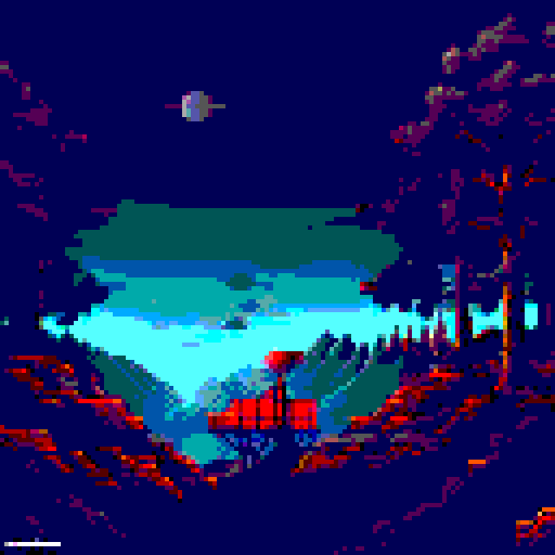 huge observation tower atop a mountain, distant view, black night sky, twinkling glowing stars, sRGB, pixel art, background, landscape