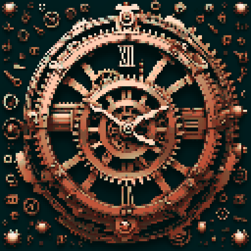 I want a copper gear that looks like it was made by a master clockmaker. It should have strange mechanical details that could interlock with each other. I also want this object usable an asset in a videogame, meaning only one object per image, outlined with a strong black stroke, on a solid-color background.
