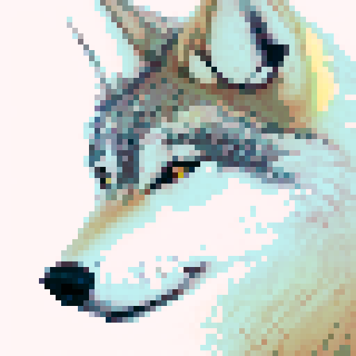simple wolf, pixelated fur, fierce expression, glowing yellow eyes, sharp fangs, triangular ears, dark grey shading, subtle highlights, intense gaze, black outline, 64x64 pixels, sRGB color palette, skillfully crafted pixel art image