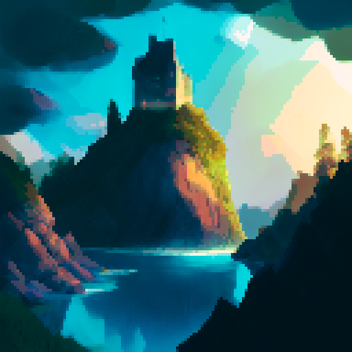 castle on a rock on a lake, illuminated by a moonlit night sky, landscape