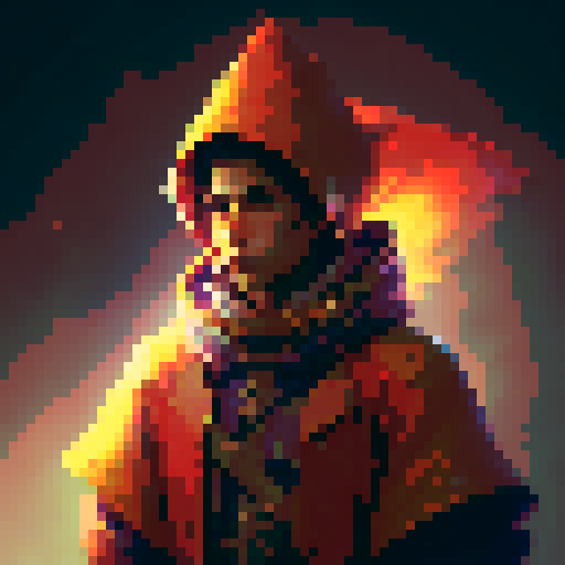 "Create a static image of a red mage character with red bycocket hat, red cloak, and white feather on a blue background reminiscent of an original NES status screen."