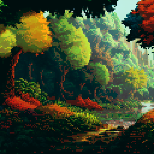 tall, towering, majestic trees, vibrant colors, dense foliage, pixelated leaves, sRGB palette, intricate branches, serene background, sprawling landscape