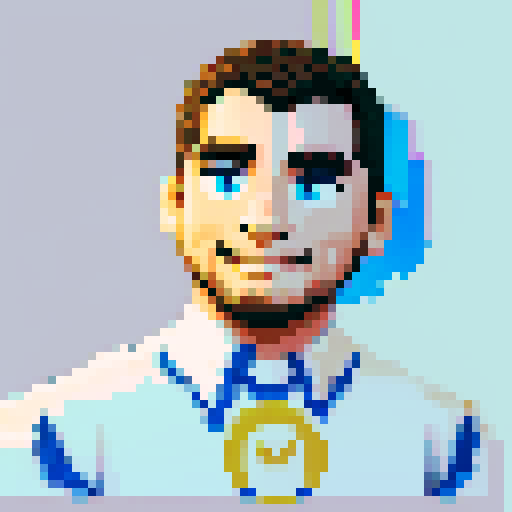 pixel art avatar with vibrant colors, detailed shading, and a retro aesthetic, featuring a stylized face with big expressive eyes and a playful smile, surrounded by pixelated hair with intricate highlights and shadows, against a pixel art background with a gradient sky and a cityscape silhouette, all rendered in the sRGB color space