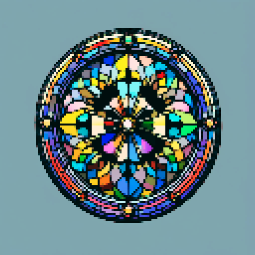 I want a beautiful circular stained glass window in all the colors of the rainbow. It should be simple, having no more than 10 glass segments total. I want this object usable an asset in a videogame, meaning only one object per image, outlined with a strong black stroke, on a solid-color background.