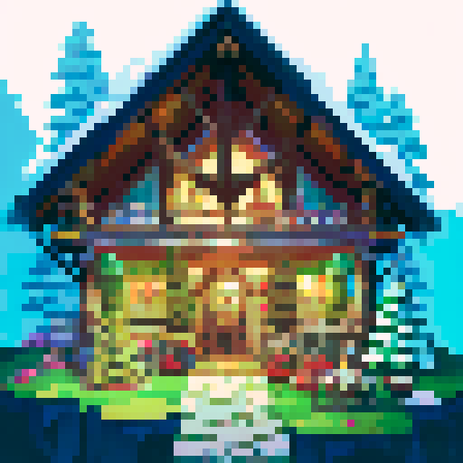 snowy mountain range ski town with a tiny lodge, igloo, campsite, cold, pixel art, sRGB, christmas themed