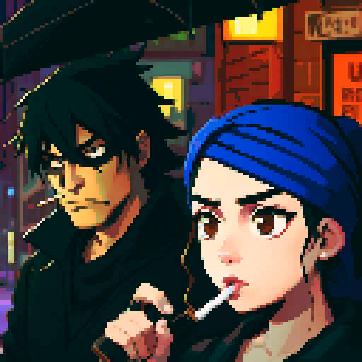 Girl on the right smoking a cigarette, guy on the left holding a gun with a black bandanna around half his face, gritty, rainy, nighttime, downtown