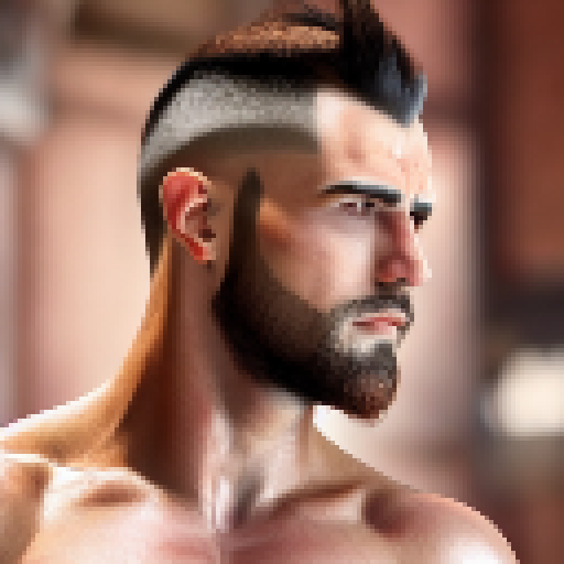 An army style avatar with spiky brown Mohawk with muscles and a short beard
