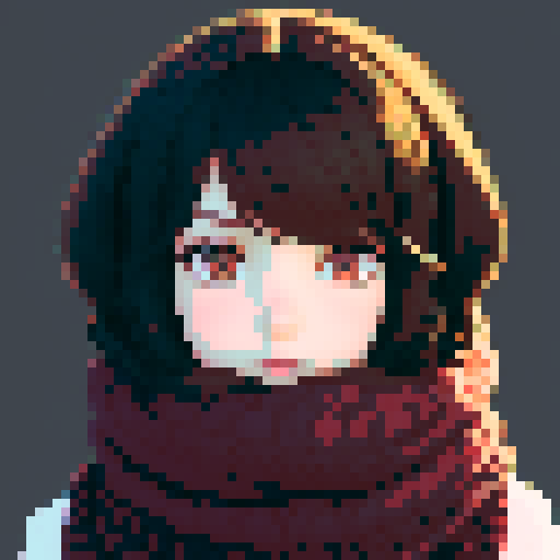 normal dark-haired girl with scarf, expressive eyes, soft shading, intricate details, whimsical charm, seamless pixelation