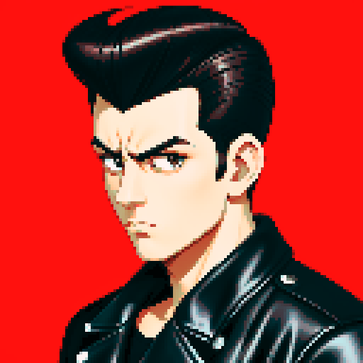 Tough Greaser wearing motorcycle jacket with pompadour hairstyle, srgb colors.