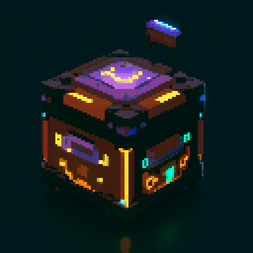 futuristic bulky lootbox, glowing buttons, intricate details, space stars galaxy glow, pixel art style