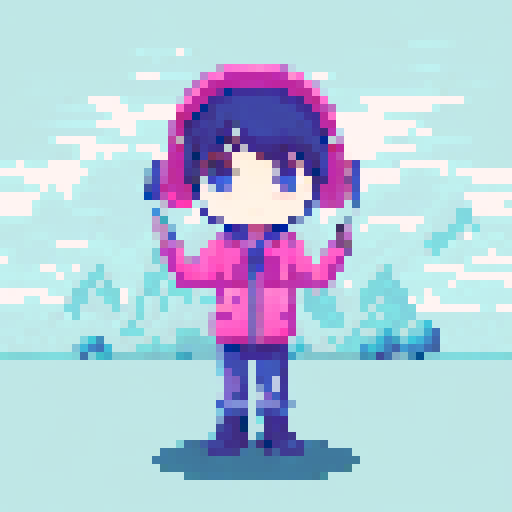 Chibi boy with rosy cheeks, wearing large headphones and a huge puffy jacket, looking from a highly detailed first person point of view, retro game style avatar