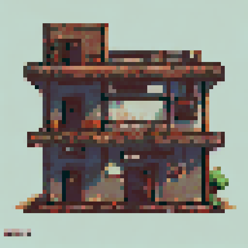Pixel art building designs for a story-driven point and click game, inspired by dystopian nature overgrown buildings and japanese city architecture. Use Igor Lashtabega, butterberrycafe, and similar artists as inspiration. Create such a building design with neutral colored background