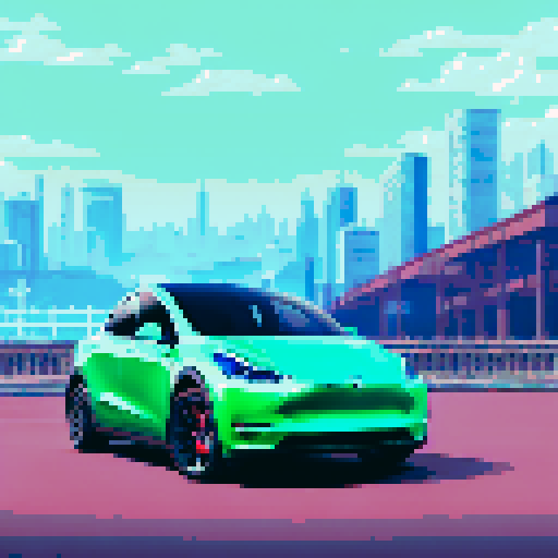 Photorealistic whole Tesla Model Y, centered, three-quarter view, right front wheel, clean background, realistic colors, pixel art style
