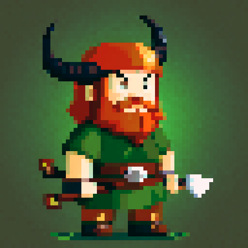 slightly pixelated, a viking with ginger beard, sword and horns helmet. an assassin wearing green and holding 2 knives.