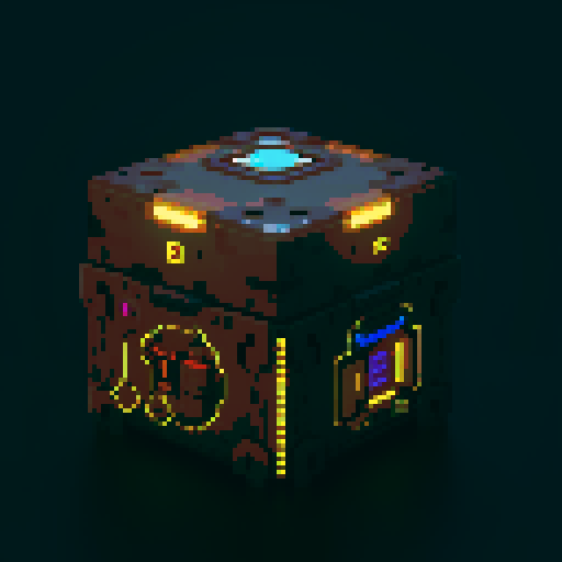 futuristic lootbox, glowing buttons, intricate details, pixel art style