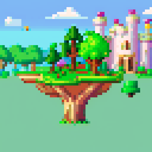 Pixel background. The side view game is similar to terraria. The scene begins in a cozy green clearing in the "Bone Kingdom",. The sun shines brightly in the sky, creating a warm and friendly atmosphere. Beautiful trees and flowers are visible around the clearing, and in the background you can see the majestic "Bone Castle".