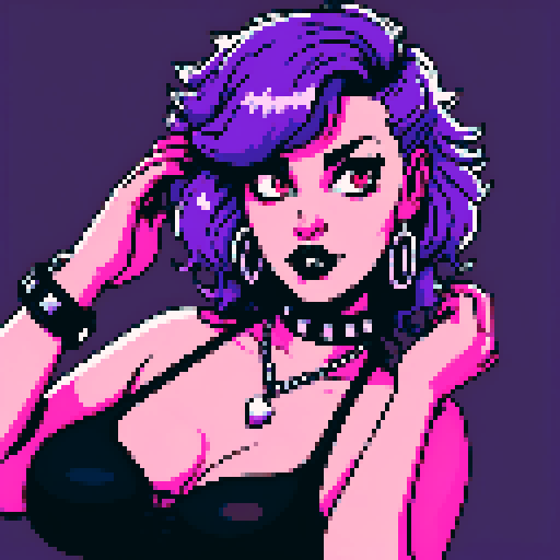 curvy, cute, busty greaser goth girl, with purple hair, black eyeshadow, red lipstick. Very busty wearing bikini, studded collar. Posing in a sexy seductive glamour shot, whole head portrait, avatar photo. vibrant sRGB colors, pixel art, edgy aesthetic