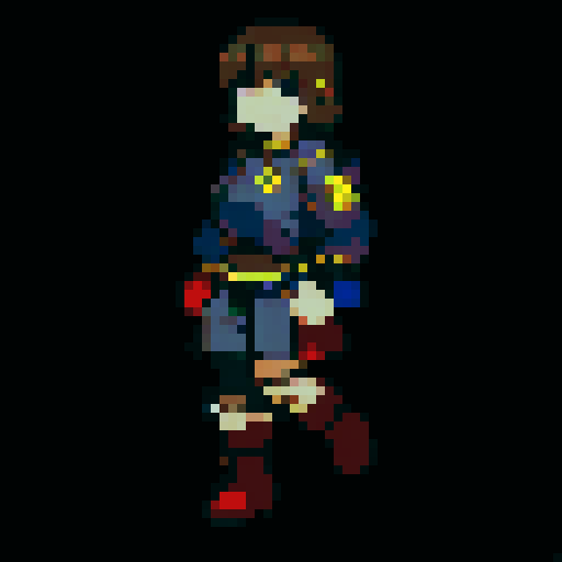 A pixel-art fighter for a 1v1 2D fighting game. The fighter is a “human” dog. See reference image.