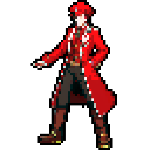 steampunk young man, red coat, red hat, 2D game stance, pixel art, sRGB, full body
