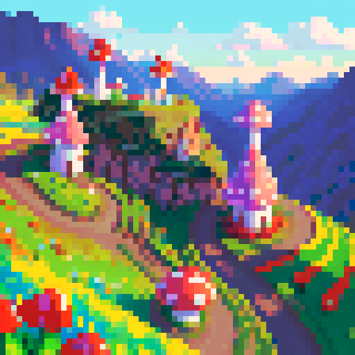 Alice, energetic and curious, explores a pixelated wonderland with hilly landscapes, dark surroundings, and picturesque sRGB background filled with vibrant mushrooms