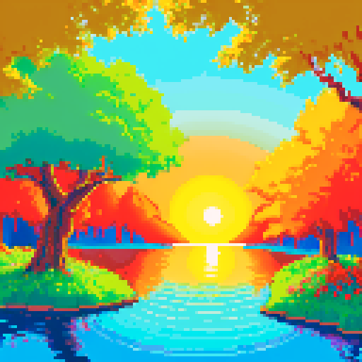 pixel art of a serene landscape of trees and water, and a sunrise with the sun clearly visible in the middle. Bright scene. Foliage and flowers in the forefront. use of simple primary colors of red blue yellow and green. high saturation