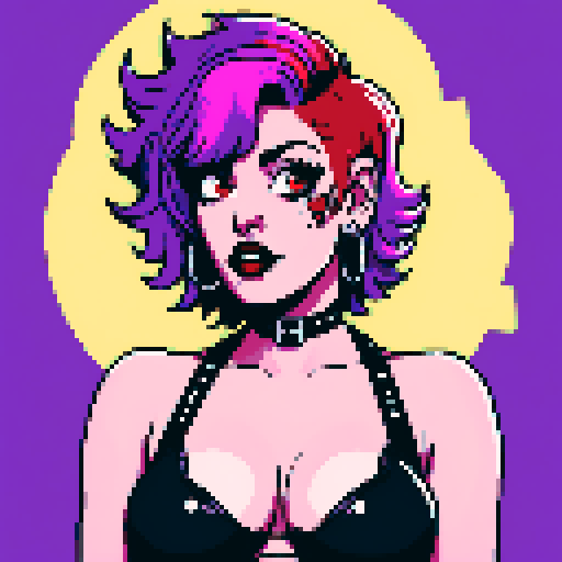 curvy, cute, busty greaser goth girl, with purple hair, black eyeshadow, red lipstick. Very busty wearing bikini, studded collar. Posing in a sexy seductive glamour shot, whole head portrait, avatar photo. vibrant sRGB colors, pixel art, edgy aesthetic