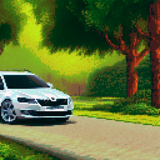 Photorealistic whole Skoda Octavia, centered, three-quarter view, right front wheel, clean background, sRGB colors, pixel art style