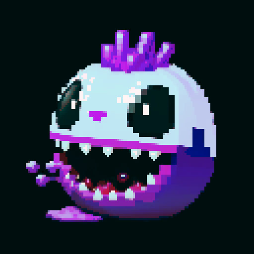 A sinister, venomous slime with a deep purple color and a slick, glossy surface. It has sharp, predatory eyes and an evil smirk, with venomous bubbles swirling within. No background.
