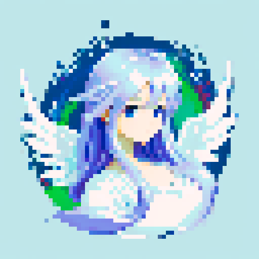 Beautiful, ethereal angel with shimmering wings and flowing, liquid-like chrome body, rendered in minimalist pixel art with vibrant, dazzling sRGB colors