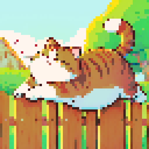 fat cat stretching on the fence, cartoon style
