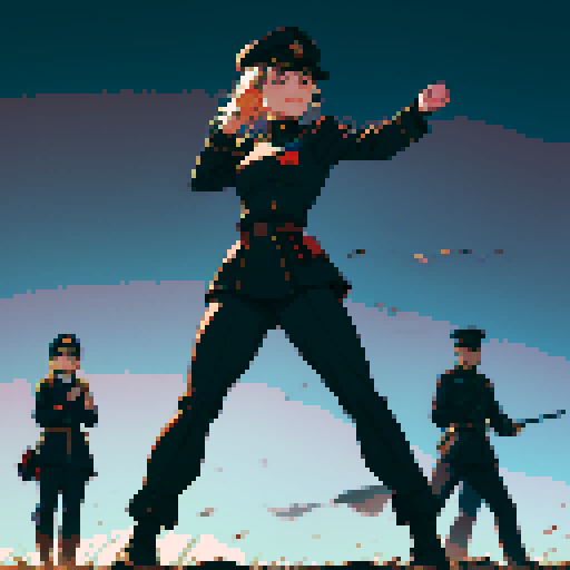 full-body image, military general woman, black uniform, black hat, muscular, evil, facing left, ready to fight, fists up, war background, battlefield, warfare, soldiers behind her, lineup of soldiers