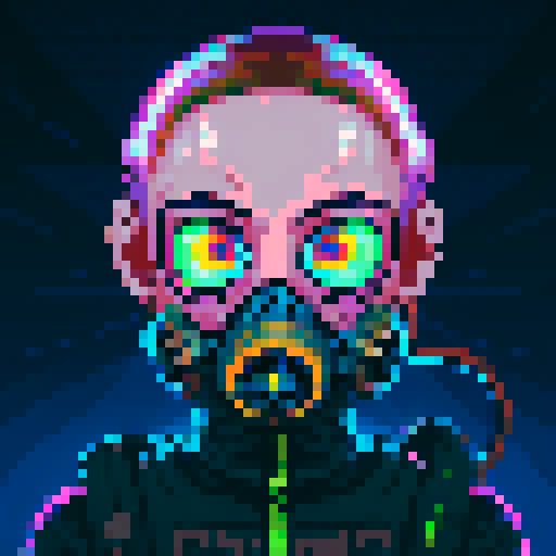 Gas mask, cool, pixel art, sRGB, vibrant colors, retro-futuristic, glowing eyes, detailed shading, intricate patterns, post-apocalyptic, cyberpunk