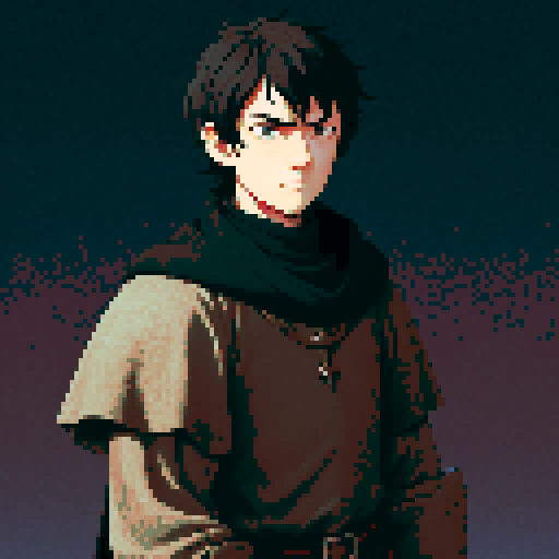 Young man knight, short black hair, rugged medieval traveling clothes, sad face, red eyes, a frown. Medieval city background. Anime style. Fantasy rpg.