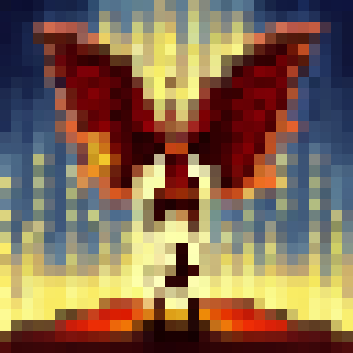 Demon Hunter with fiery wings, wielding a crossbow and a sword, standing atop a crumbling stone tower against a blood-red sky, all in a pixelated 32x32 skill art style.