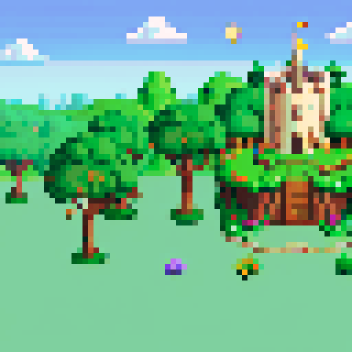 Pixel background. The side view game is similar to terraria. The scene begins in a cozy green clearing in the "Bone Kingdom",. The sun shines brightly in the sky, creating a warm and friendly atmosphere. Beautiful trees and flowers are visible around the clearing, and in the background you can see the majestic "Bone Castle".