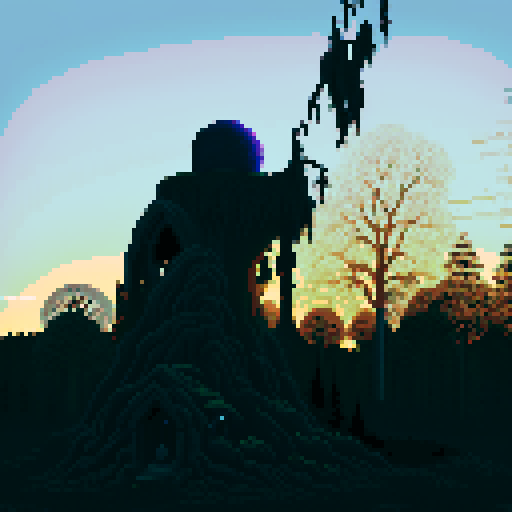 dark silhouette, pixel art, sRGB, mysterious moonlit forest, towering ancient trees, glowing orbs, ethereal mist, haunting shadows, shimmering reflections, enchanted atmosphere, surreal dream-like landscape