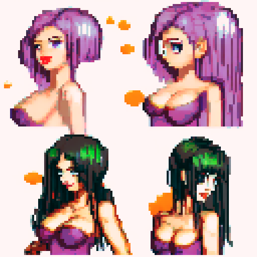 curvy, cute goth girl with black hair, purple eyeshadow, and red lipstick, standing in a nude glamour shot, pixel art, vibrant sRGB colors, background, landscape