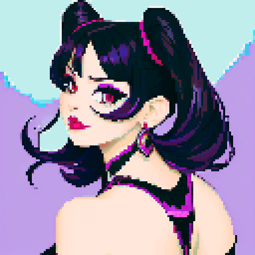 curvy, cute goth girl sitting, black hair, purple eyeshadow, red lipstick, rear view glamour shot, pixel art, vibrant sRGB colors, edgy aesthetic