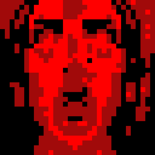 Psychosis, distorted facial features, vibrant colors, pixelated details, sRGB palette, close-up shot, skill art, intense gaze, game icon, 32x32 pixel art, close-up portrait