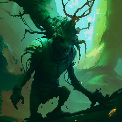 A walking tree monster, several long limbs on his head and arms