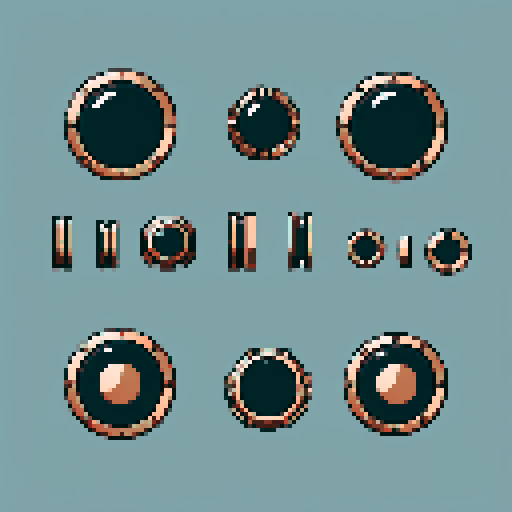 I want a horizontally wide circular copper attachment port. It should be viewed directly from the side. I want this object usable an asset in a videogame, meaning only one object per image, outlined with a strong black stroke, on a solid-color background. 