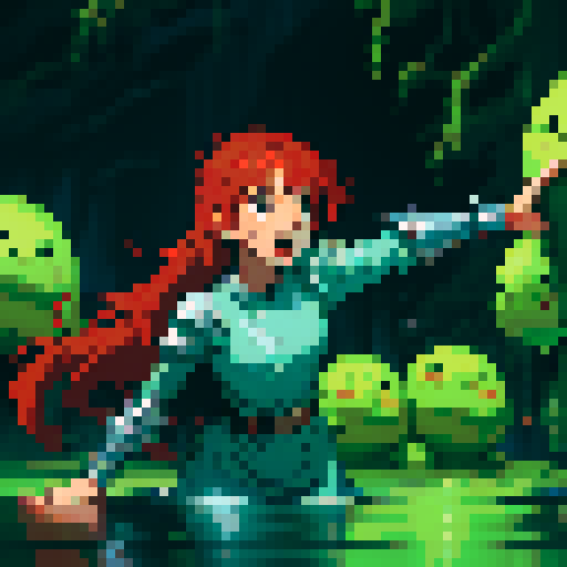 hero sinking into slime, hero drowning in slime, hero has red hair, hero has silver armor, reaching up, panic, sinking deep into the goo